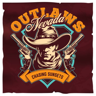 Classic western style emblem with cowboy, two revolvers and lettering. T shirt print design template. Retro colours. Clean lines. Deep shades. Vector graphic. clipart