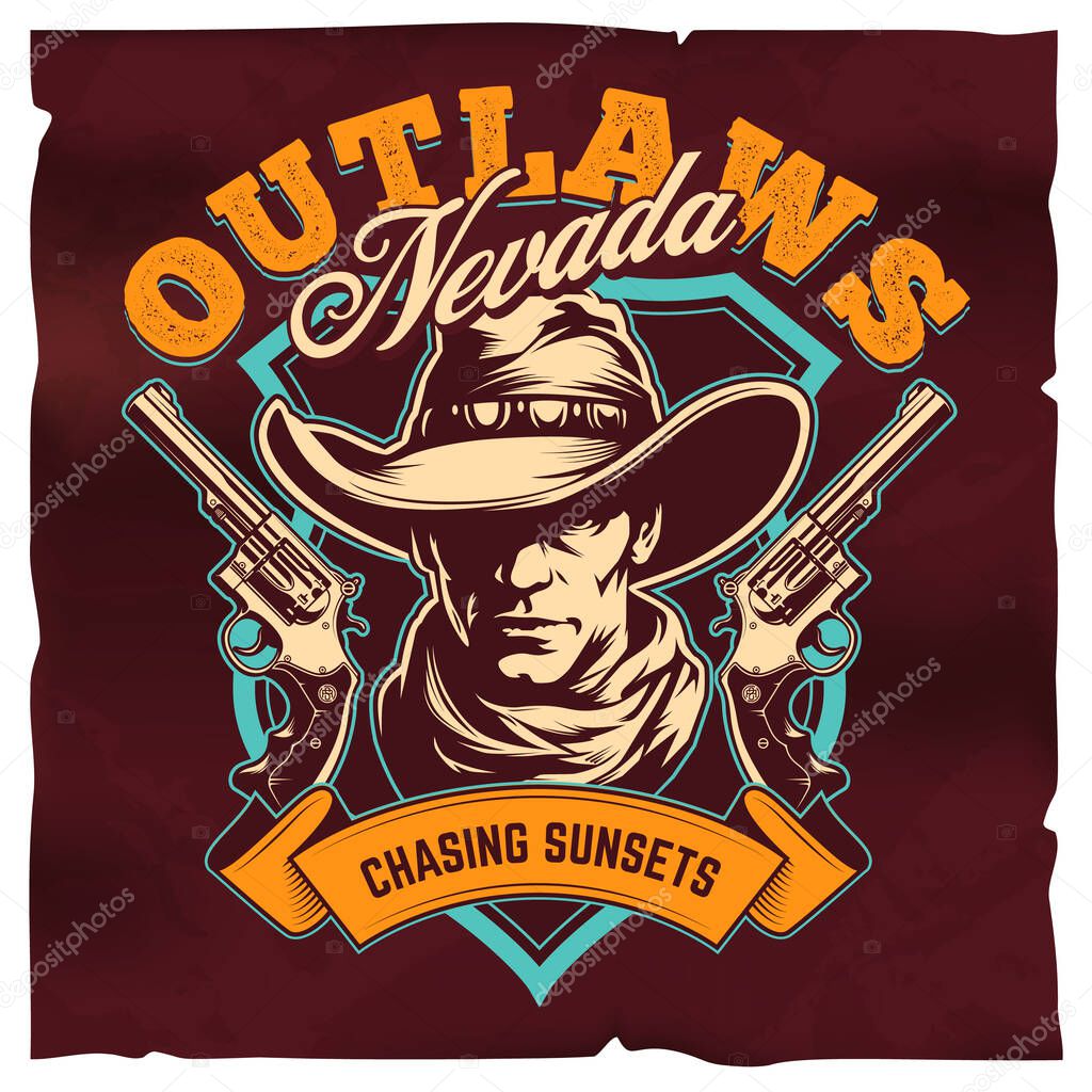 Classic western style emblem with cowboy, two revolvers and lettering. T shirt print design template. Retro colours. Clean lines. Deep shades. Vector graphic.