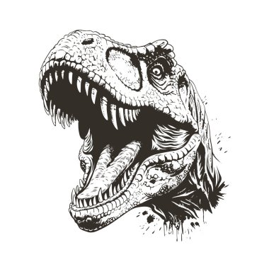 Kükreyen dinozor kafasının detaylı siyah beyaz vektörü izole edildi. Parmak izi, giysi ve amblem için mükemmel. Yüksek kontrastlı grunge tarzı. Vahşi yırtıcı grafiği ham gücü ve tehlikeyi yakalar.