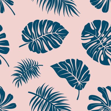 Vektör tropikal yaprak şekilli modern kusursuz desen. Derin mavi dallar ve pembe arka planda tropikal bitkilerin yaprakları. Kumaş ya da duvar kağıdına baskı yapmak için harika.