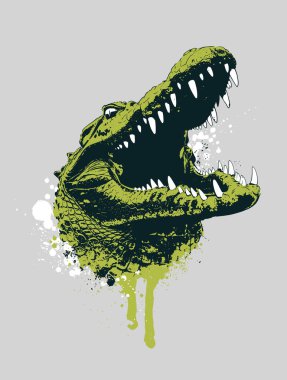 Timsah kafasının sanatsal boya sıçramaları ve damlaları ile vektör grunge sanatı. Parmak izi, giysi ve amblem için mükemmel. Yüksek kontrastlı grunge tarzı. Vahşi yırtıcı grafiği ham gücü ve tehlikeyi yakalar.