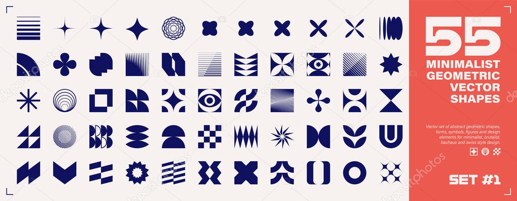 Set of 55 abstract geometric shapes, symbols, logomarks and other simple graphic design elements for minimalist, brutalist or bauhaus design. Swiss style, Y2K, postmodern. EPS10 vector graphic.