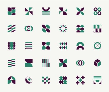 Bauhaus 'un minimalist grafik tasarım elementleri. Basit geometrik şekiller, semboller, logomark 'lar, simgeler. Soyut postmodern grafikler. EPS10 vektör grafiği.