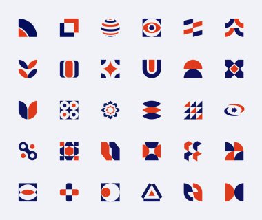 Bauhaus 'un minimalist grafik tasarım elementleri. Basit geometrik şekiller, semboller, logomark 'lar, simgeler. Soyut postmodern grafikler. EPS10 vektör grafiği.