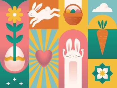 Geleneksel elementler ve modern şebeke kompozisyonu ile modern paskalya pürüzsüz deseni. Yumuşak paskalya renkleri, pürüzsüz şekiller. Minimalist ve Bauhaus tasarıma ilham verdi. Vektör sanatı.