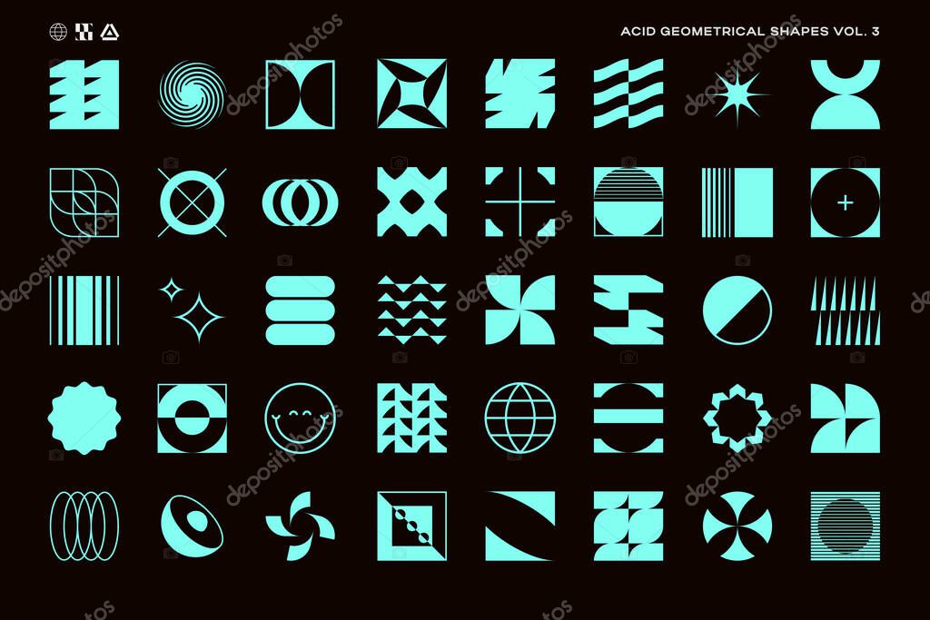 Set of acid color abstract geometric shapes inspired by minimalist, brutalist and bauhaus style. Swiss, Y2K, postmodern design elements. EPS10 vector graphic.