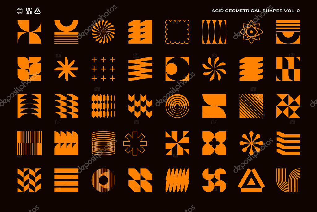 Set of acid color abstract geometric shapes inspired by minimalist, brutalist and bauhaus style. Swiss, Y2K, postmodern design elements. EPS10 vector graphic.