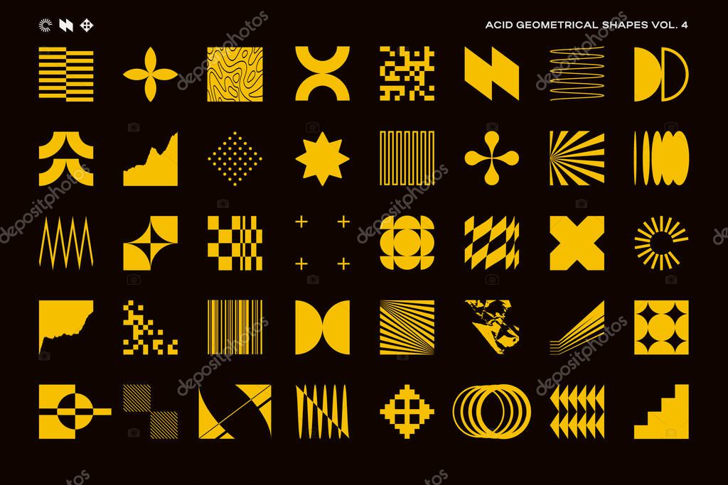 Set of acid color abstract geometric shapes inspired by minimalist, brutalist and bauhaus style. Swiss, Y2K, postmodern design elements. EPS10 vector graphic.