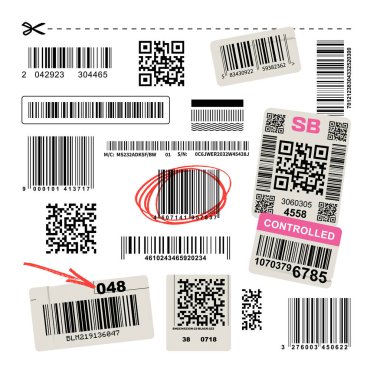Kurgusal barkodlar, QR kodları ve beyaza izole edilmiş el yazmaları. Posterler, ambalaj modelleri, tekgiyim grafikleri, gaddar ve kentsel tasarım projeleri için dekoratif vektör tasarım unsurları