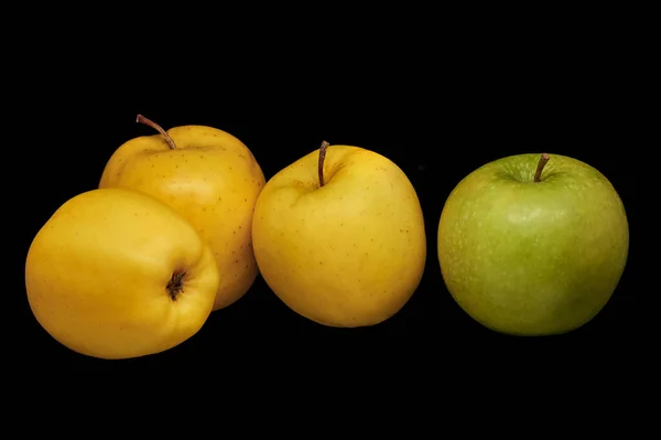 Image of three yellow apples and one green on a black backgroun