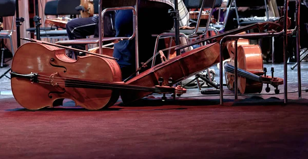 3本の弦楽器のイメージチェロは舞台上に横たわる — ストック写真