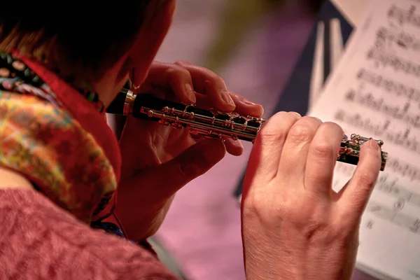 楽譜で笛を吹く音楽少女のイメージ — ストック写真