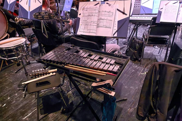 심포니 오케스트라의 전화기와 충격적 악기들의 이미지 — 스톡 사진