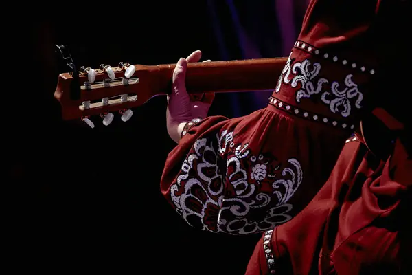 Εικόνα Ενός Γυναικείου Χεριού Στην Σανίδα Μιας Ακουστικής Κιθάρας Εικόνα Αρχείου