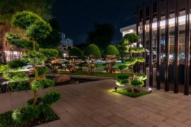 Güneydoğu Asya, Singapur, Kasım 2022: Dekoratif ağaç süsleri ve Singapur 'un Balestier ilçesindeki küçük gölet çevresindeki güzel doğu parkı.