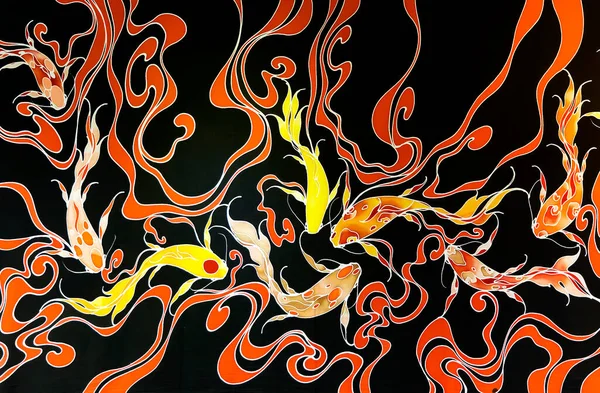Renkli Koi Balığıyla Parçalanmış Sıcak Batik Yapımı Ipek Resim Baskısı — Stok fotoğraf