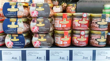 LATVIA, RIGA, JANUARY, 2023: Larnaudie Whole Duck Foie Gras on the promotional shelf in SKY & MORE shopping mall in Riga, Latvia. Jean Larnaudie has been producing fine duck products in the South-West of France for over 50 years.