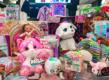 Latvia, Riga, January, 2023 - Childrens variety toys section in SKY and MORE shopping mall in Riga, Latvia