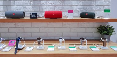 Latvia, Riga, January, 2023 - Showroom of modern electronics with various new in the shopping mall in Riga, Latvia.