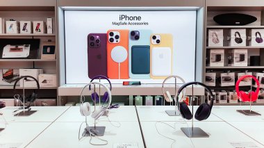 Latvia, Riga, January, 2023 - Showroom of modern electronics with various new in the shopping mall in Riga, Latvia. Modern mobile phone technology concept