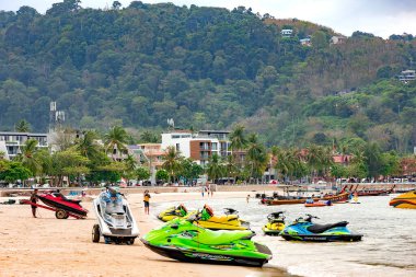 THAILAND, PHUKET, FEBRUARY, 2023: Jet skis boats moored on the Patong beach for the discerning traveler on Phuket Island. Thailand