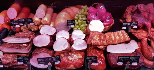 Latvia Riga March 2023 Showcase Various Meat Products Delicatessen Section — Stock Photo, Image