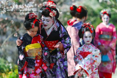 JAPAN, KYOTO, APRIL, 2017 - Kyoto Japonya 'nın Gion ilçesinde kiraz çiçeklerinin arka planında Maiko kimonolu güzel bir kadın ve iki küçük kız. Geleneksel Japon Çiçek İpek Kimonosu. 