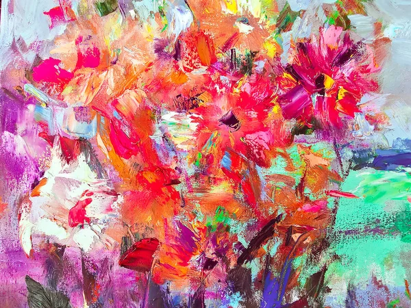 Oil painting in multicolored tones on floral theme in large strokes. Conceptual abstract painting. Closeup painting oil and palette knife on canvas.
