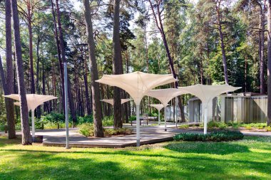 Dzintari Macerası Jurmala 'da çeşitli çocuk salıncakları ve tırmanma çerçeveleriyle Orman Parkı' na tırmanıyor. - Letonya. Sağlıklı ve sportif çocukluk kavramı.