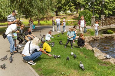 LATVIA, RIGA, 25, JULY, 2023: Çocuklu insanlar Riga, Letonya 'da yeşil bir çimenlikte güvercinleri besliyor. Çocuklu aileler için aktif açık hava aktiviteleri.