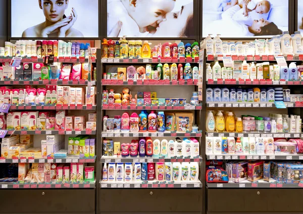 Latvia Riga July 2023 Full Shelves Varied Baby Cosmetics Chain — Stock Photo, Image