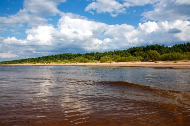 Riga, Letonya 'da güneşli bir günde küçük dalgalar ve kum tepeleriyle Baltık Denizi Panoraması. Çevre ekolojisi kavramı.