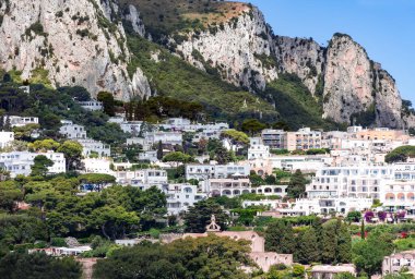 İtalya 'nın Campania bölgesindeki Capri Adası' nda beyaz evleri ve çiçek açan bahçeleri olan güzel bir dağ zirvesi manzarası..
