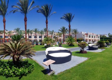 EGYPT, SHARM EL SHEIKH, MAYIS, 23, 2021 - Kızıl Deniz kıyısında Sunrise Montemare Grand Select Oteli 'nde uzun palmiyeli güzel bir bahçe ve dinlenme alanı.