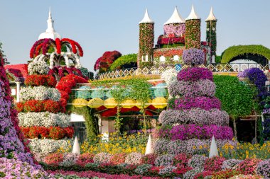 Peri kaleleri ve 45 milyondan fazla çiçeği olan Dubai Mucize Bahçesi. Miracle Garden, Dubai, BAE 'nin en önemli turistik yerlerinden biridir.