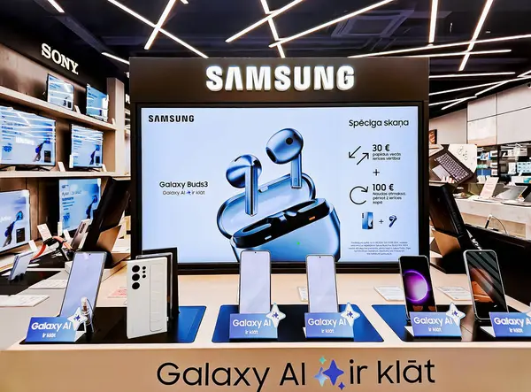 Letonya, Riga, 25 Temmuz 2024 - Yeni Samsung Galaxy akıllı telefon modelleri ve kulaklıklarla modern elektronik mağazası Riga, Letonya 'daki alışveriş merkezinde