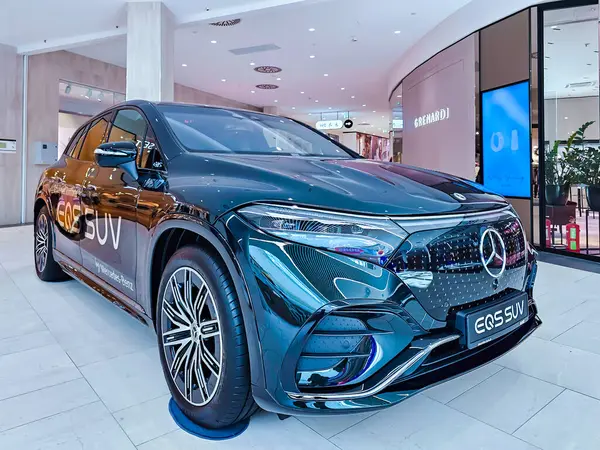 Stock image LATVIA, RIGA, 28, JULY, 2024: Mercedes-Benz EQS SUV car on display for sale in the Spice shopping mall, Riga. Latvia. 