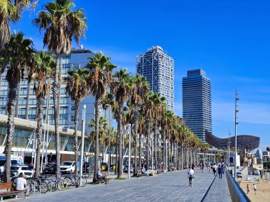 İspanya, BARCELONA, SEPTEMBER, 25, 2024: Placa del Mar Barceloneta, Barcelona, Katalonya, İspanya, Avrupa. Altın Balık, Barcelonas sahiline bakar ve deniz kenarında çarpıcı bir özelliktir. 