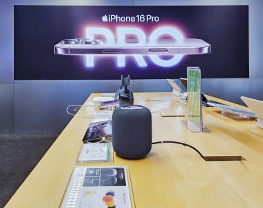 LATVIA, RIGA, 22, OCTOBER, 2024: Showroom of modern electronics with a IPhone 16 Pro in the ORIGO shopping mall in Riga, Latvia clipart