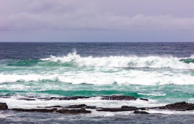 Büyük Hint Okyanusu dalgaları ve Tsitsikamma 'daki kayalık sahil şeridi, Garden Route Ulusal Parkı, Doğu Burnu. Güney Afrika
