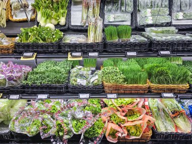 LATVIA, RIGA, MARCH, 10, 2025: Stockmann alışveriş merkezinde çeşitli organik taze sebze ve sebzelerle birlikte sebze bölümü, Riga. Letonya