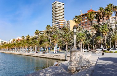 İspanya, Alicante, 21 Mayıs 2025: Marina Deportiva del Puerto de Alicante yakınlarındaki Palm-line gezinti alanı. Şehir sakinlerinin dinlenmesi için en sevdiği yer. İspanya.