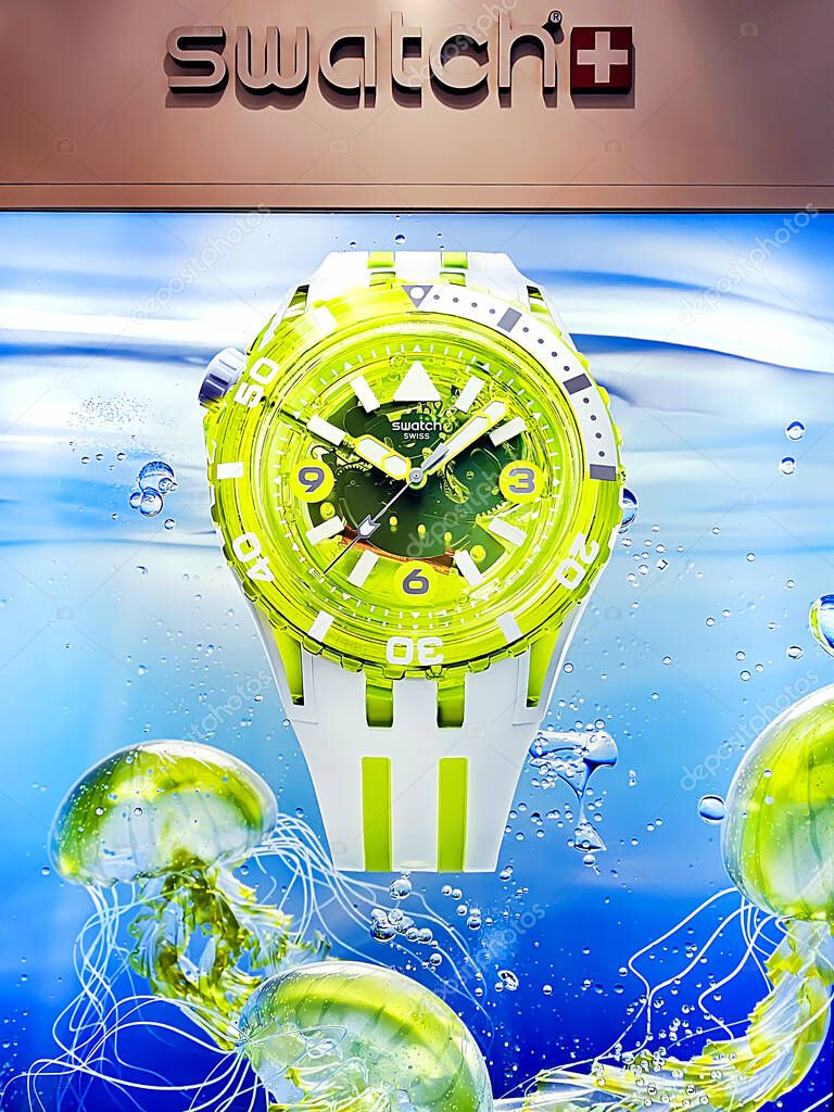 SPAIN, VALENCIA, SEPTEMBER 18, 2025: Advertising stand of Swiss swatch watches at El Corte Ingles shopping mall. Valencia, Spain.