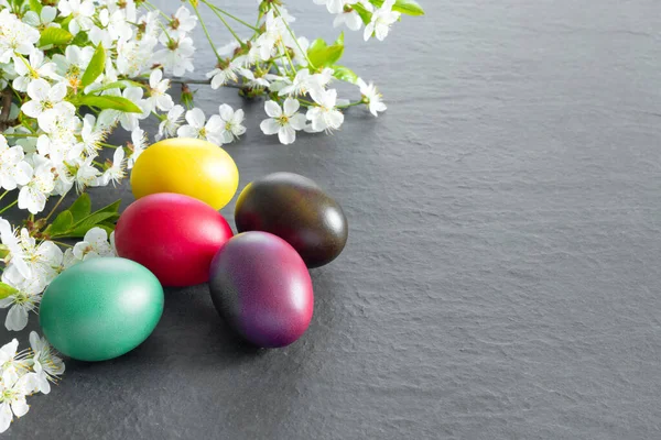 Prachtige Paaskaart Met Kleurrijke Eieren Kersentakken Papieren Groene Achtergrond Bloemen — Stockfoto
