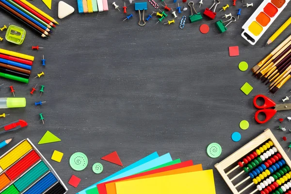 School Office Supplies Border Black Board Multicolored Pencils Paints Plasticine Stock Image