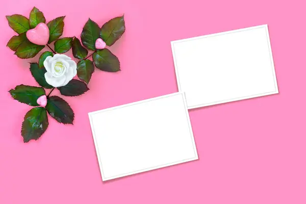 Beautiful White Roses Green Foliage Heart Valentine Day Pink Paper — Stock Photo, Image