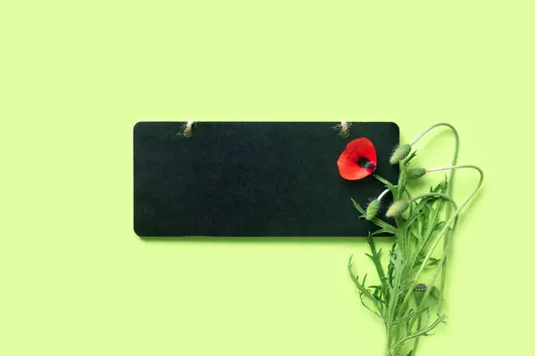 纪念日 木质黑色框架和绿色背景的鲜红色罂粟 免版税图库照片
