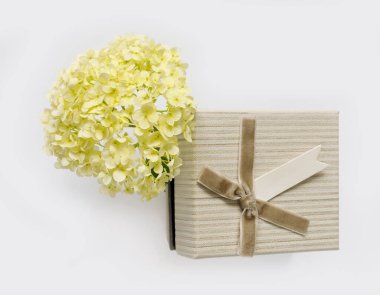 Beyaz arka planda hediye kutusu olan güzel ortanca buketi. Tatil için tebrik kartı. Metin için kopyalama alanı olan yaratıcı arkaplan.