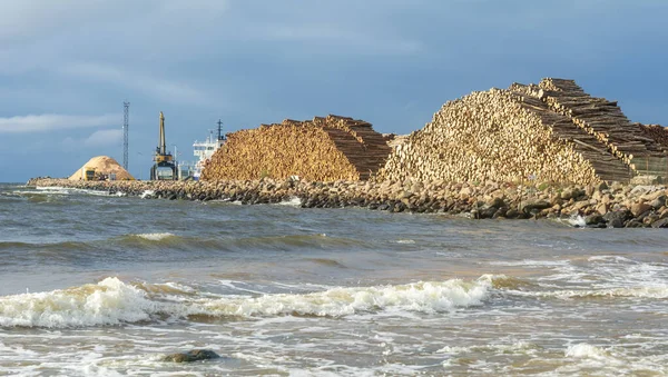 ラトビアのSkultes港での木材輸出 — ストック写真