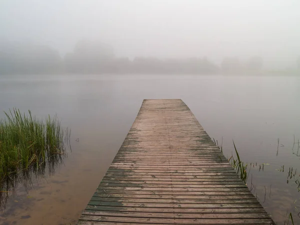 湖上有雾的人行桥 免版税图库图片